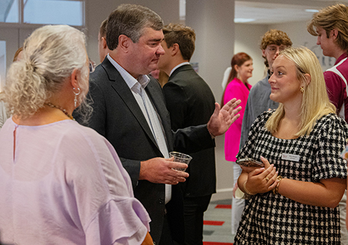 Troy Mayor Jason Reeves, a former SGA President, visits with current SGA President Betsy Bennett. (TROY photo/Brady Fitch)
