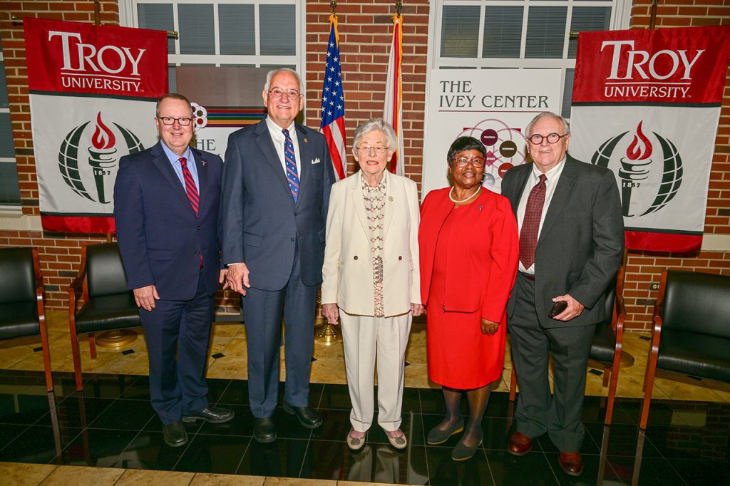 Speaking during a news conference announcing the establishment of the Ivey Center on the Troy Campus were, from left, Dr. Kerry Palmer, Chancellor Dr. Jack Hawkins, Jr., Gov. Kay Ivey, Ivey Center Director Dr. Linda Felton-Smith, and Ivey Foundation Chair Steve Brice. (TROY photo/Joey Meredith)