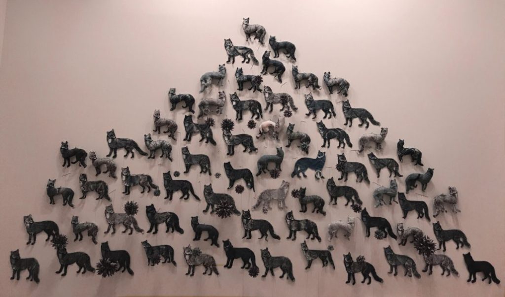 Pierre’s The Gentle Sadness of Thing, 2017, linen, cotton, thread, ink, paper, indigo, wood, found objects (Alabama Reckoner)