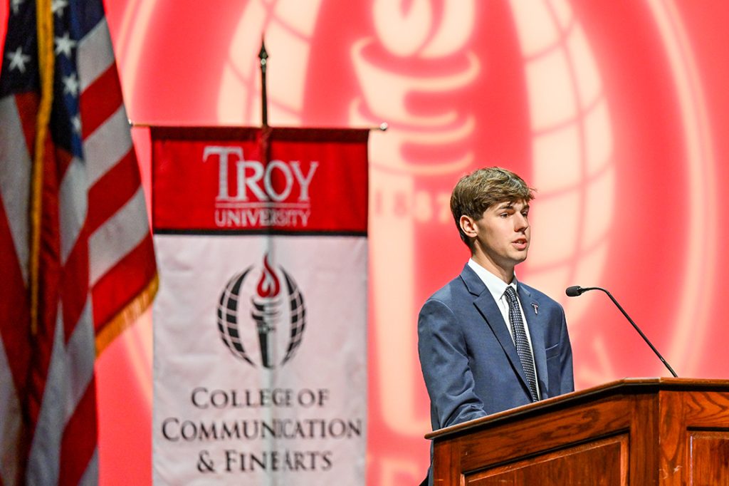 Theo Thoenes speaking at the 2023 Faculty Staff Convocation