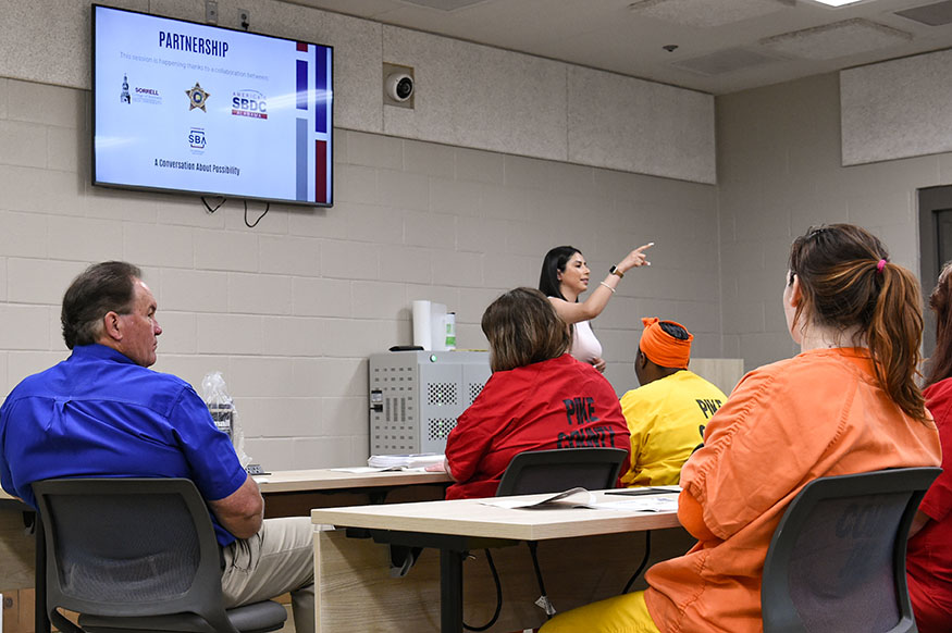 Pike County Sheriff Russell Thomas, left, sits in on the first session of "New Start Up." (TROY photo/Clif Lusk)