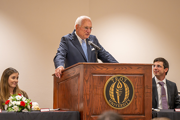 Chancellor speaking from the lecture photo