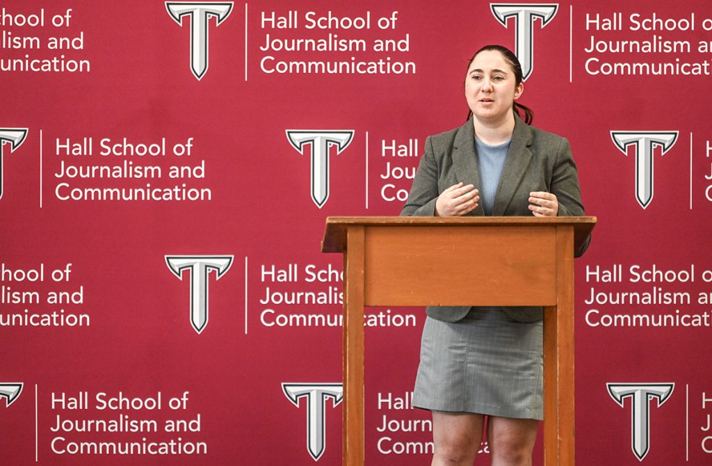 Ayla Jones, third runner up, gives her speech in the library