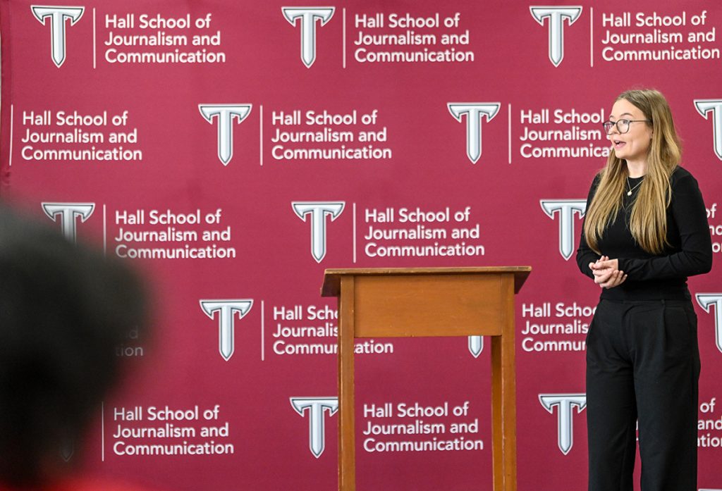 Linda Hoetsch, second runner up, gives her speech in the library