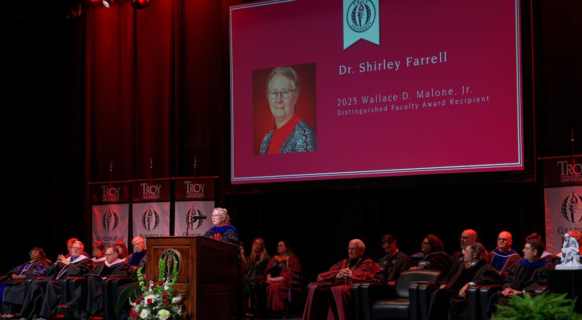 2025 Malone Award winner Dr. Shirley Farrell delivers the keynote address during Wednesday's Honors Convocation on the Troy Campus.