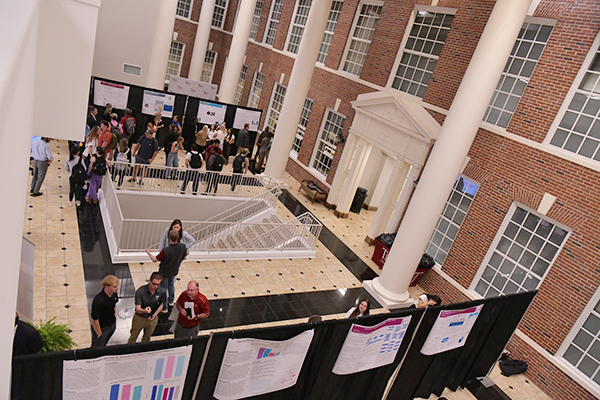a photo showing an overhead view of the Lewis Hall atrium