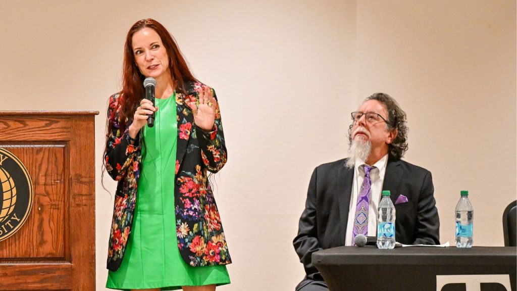 Beth Ann Fennelly answering a question during the discussion portion of the Hall-Waters Prize program.