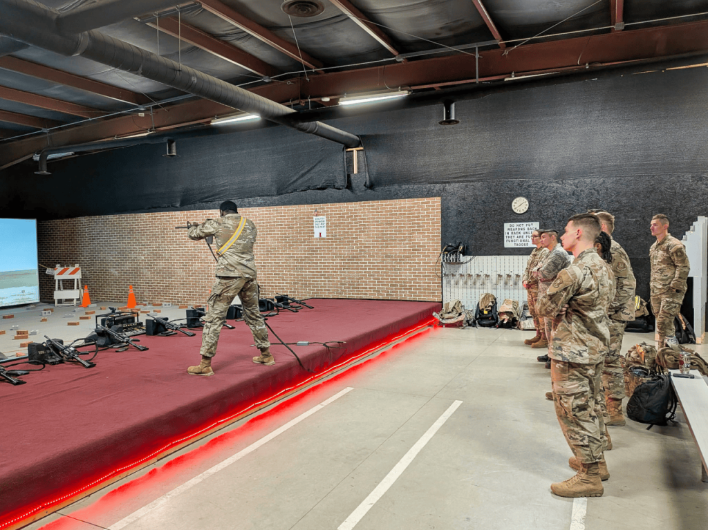 Troy University AFROTC cadets practicing at the shooting range at Camp Atterbury in Indiana.