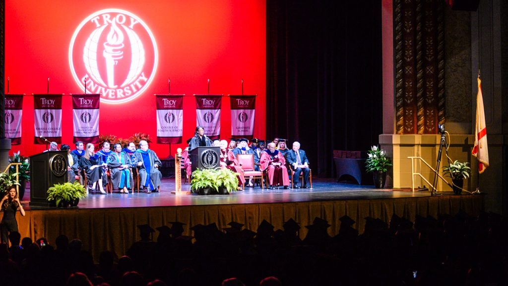 Charisse D. Stokes speaks to graduates during spring commencement ceremonies at TROY's Montgomery Campus on May 21.