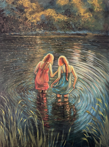 "Best Friends Always" is a painting by Kitty Smothers featuring two girls wading in the water.