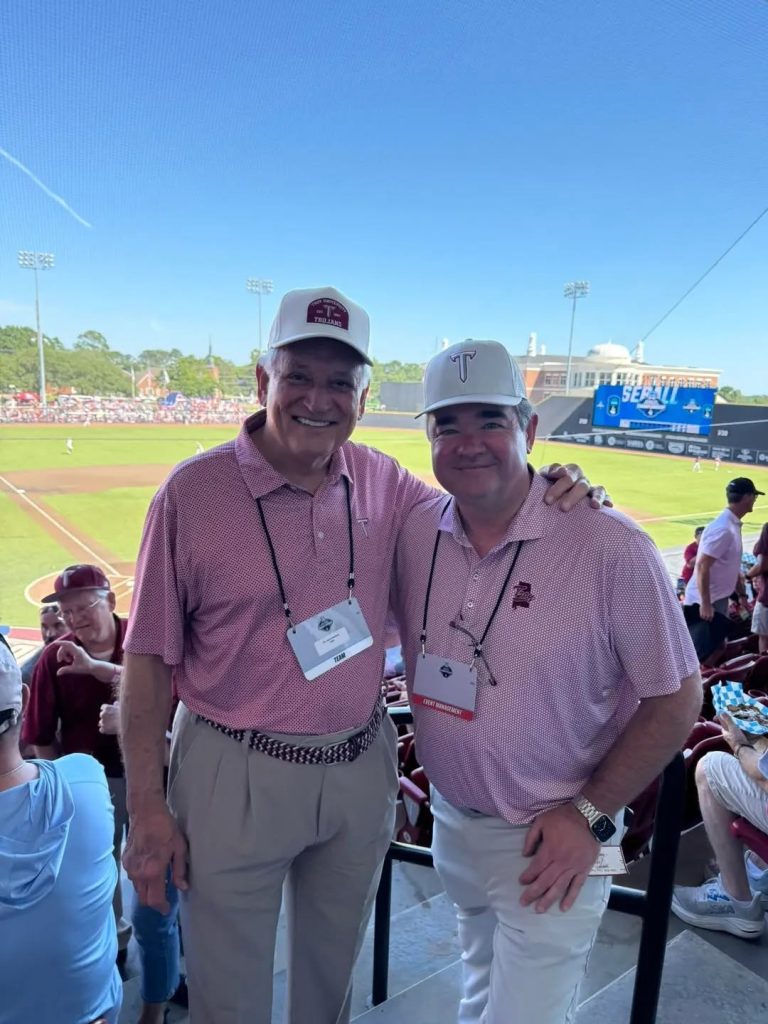 Troy University Chancellor, on the left, with the Mayor of Troy, Jason Reeves, at the Troy University Super Regional Baseball game.
