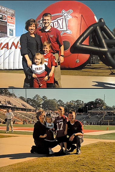 Photos of Wes Allen and his family inside Veterans Memorial Stadium during his time with TROY's athletic department