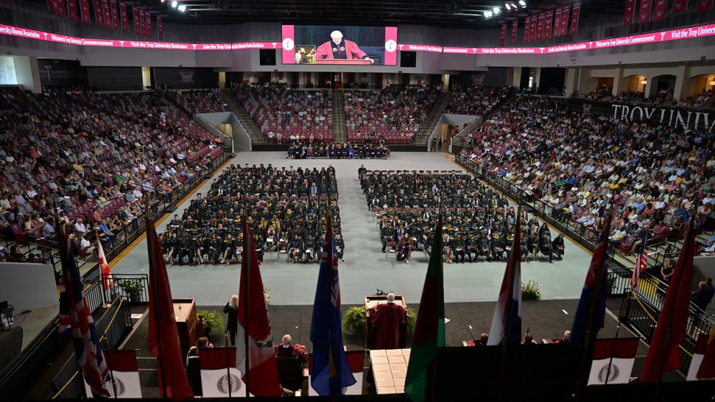 More than 300 graduates take part in the 2026 summer commencement ceremony inside Trojan Arena on the Troy Campus on July 24.