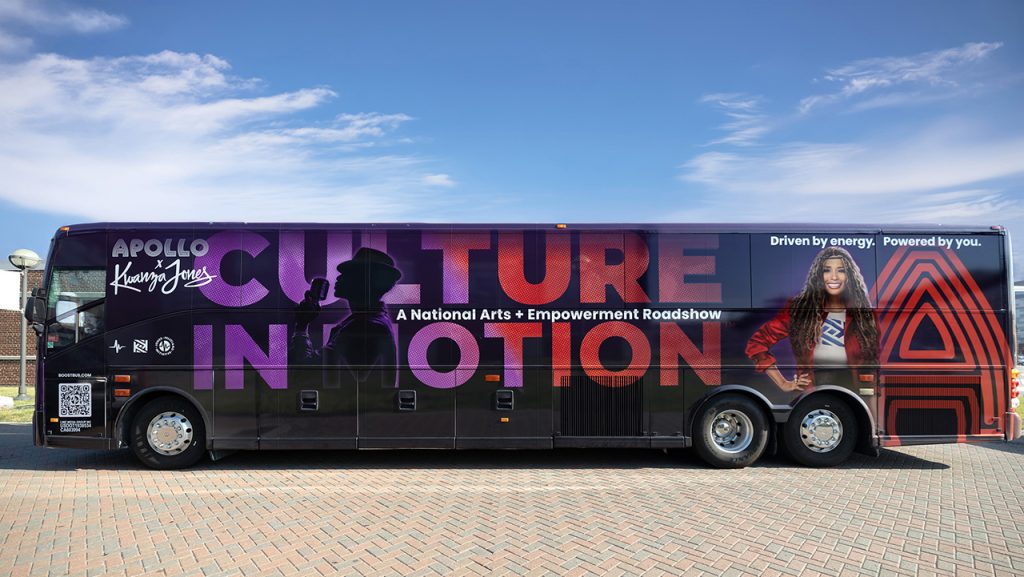 The Boost Bus is the centerpiece of the "Culture in Motion" National Arts and Empowerment Road Show presented by the Apollo Theater and Kwanza Jones.