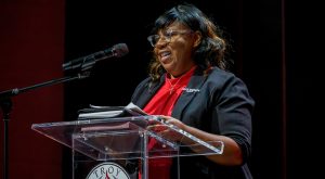Troy University Faculty Senate President Dr. Lenetra Jefferson addresses faculty and staff during the 2026 Faculty-Staff Convocation in August.