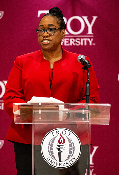The Honorable Jerusha T. Adams, Magistrate Judge for the United States District Court for the Middle District of Alabama, challenged Troy University students to exercise their rights as citizens to help ensure the United States remains “one nation, strong and free” during the University’s annual Constitution Day event on Monday.